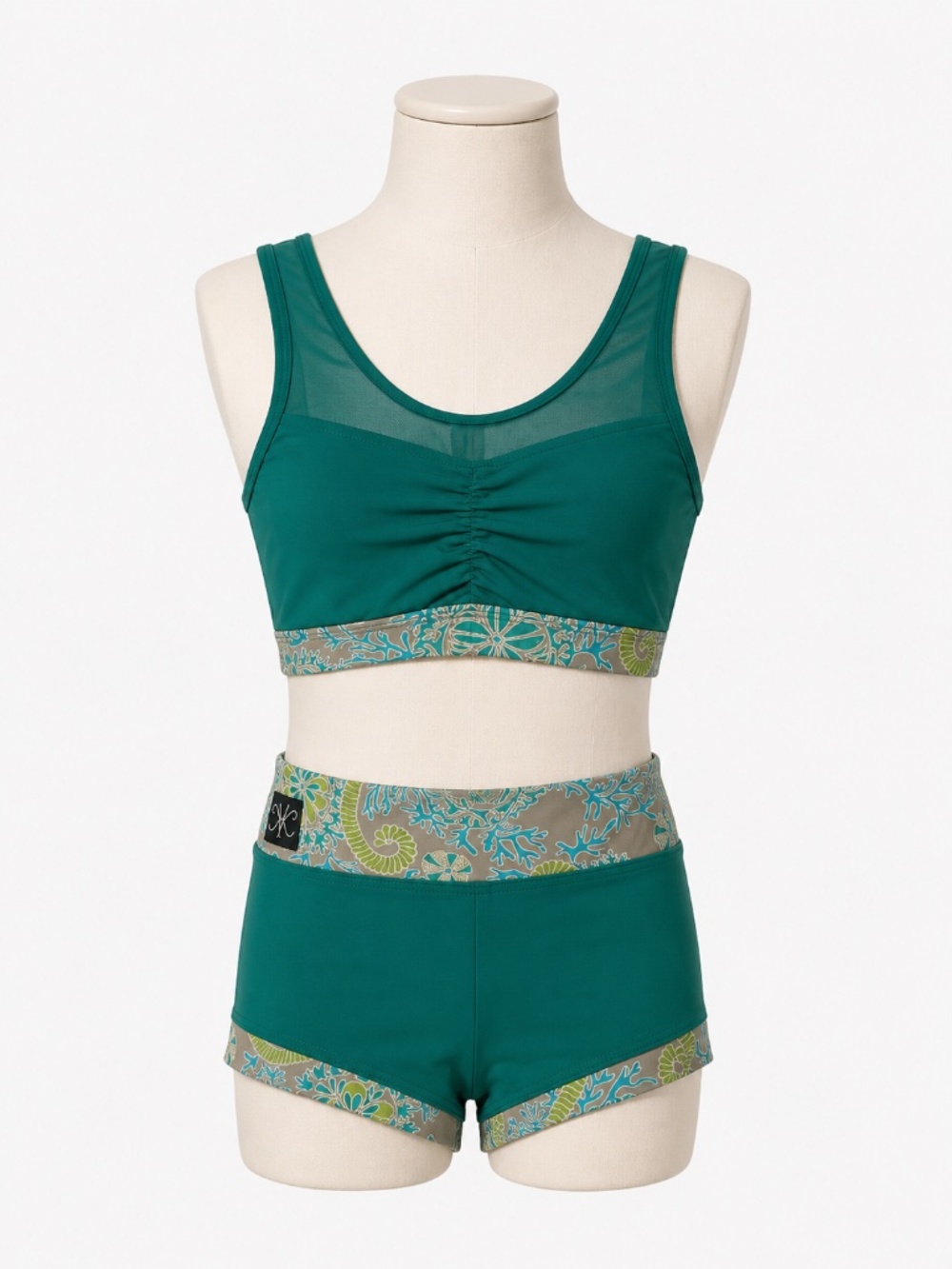 EUC Girls Teal Two Piece Dance Set Sports Bra Shorts Ballet Gymnastics Tropical